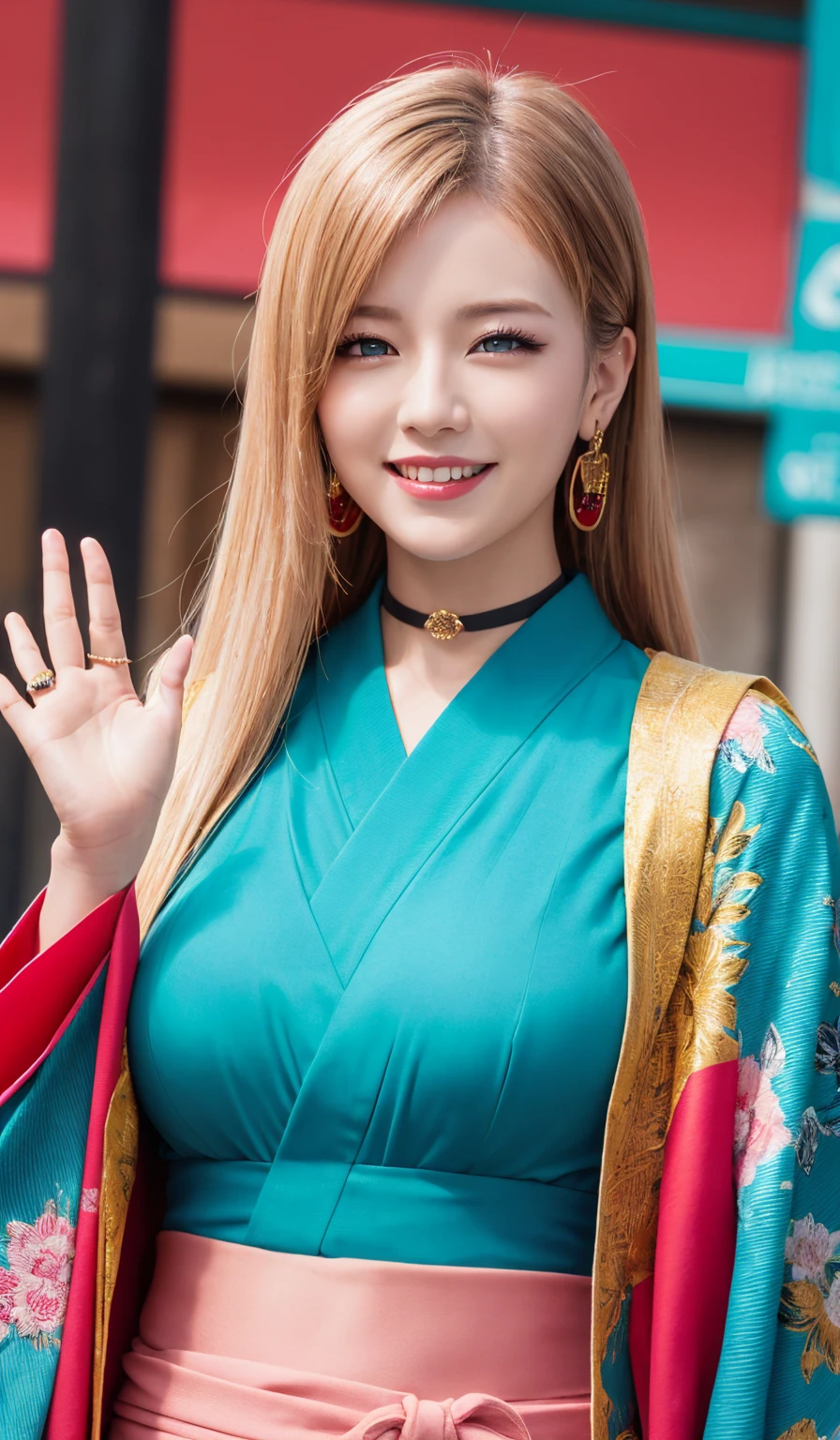 ((One personの女性)), Beautiful Face, ((Laughing embarrassedly)), (laugh),((Wink:1.9)),((waving at viewer:1.3)), (head tilt:1.3), Laugh with your mouth wide open,((Bright red cheeks:1.4)),Shiny red lips,night,横浜みなとみらいのnight景, firework,Laughing with your mouth open,Glossy pink lips,Facial lighting,((Anime style background)),masterpiece, Highest quality, so beautiful,up to date, Complex details, (Pink long nails),(ring),(bracelet),(choker),AI-generated, Complex,High resolution, Highest quality, super high quality,3D Images、3D Images,One person,Long blonde hair,High Ponytail,(turquoise blue eyes),Anime woman posing for a photo, ((Fine grain、Colorful eyes、Shining Eyes:1.3)),(Squint your eyes:1.1),a hyperRealistic , hyperRealistic , Realistic,Anime woman with long white hair, Smooth anime CG art, A woman in a colorful kimono with gold embroidery, (Pink long sleeve kimono),Red floral pattern,Long flower hair ornament,Earrings,Mature Body,(Big Breasts:1.1),Tall,Abdominal muscles,Tight waist,(Zoom up to face:1.6),(front view),