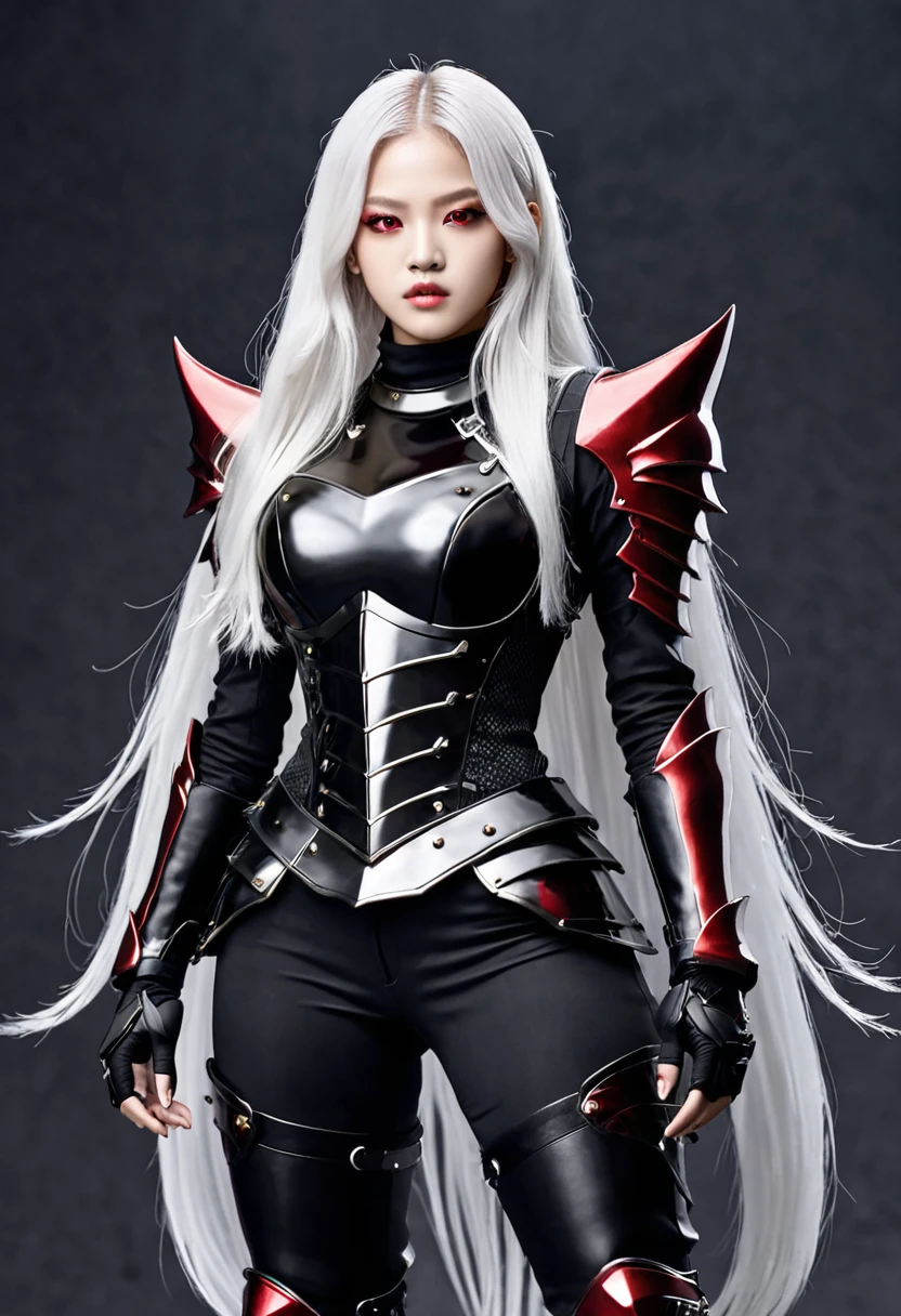 Jennie blackpink with white hair and red eyes, black armor with red full body