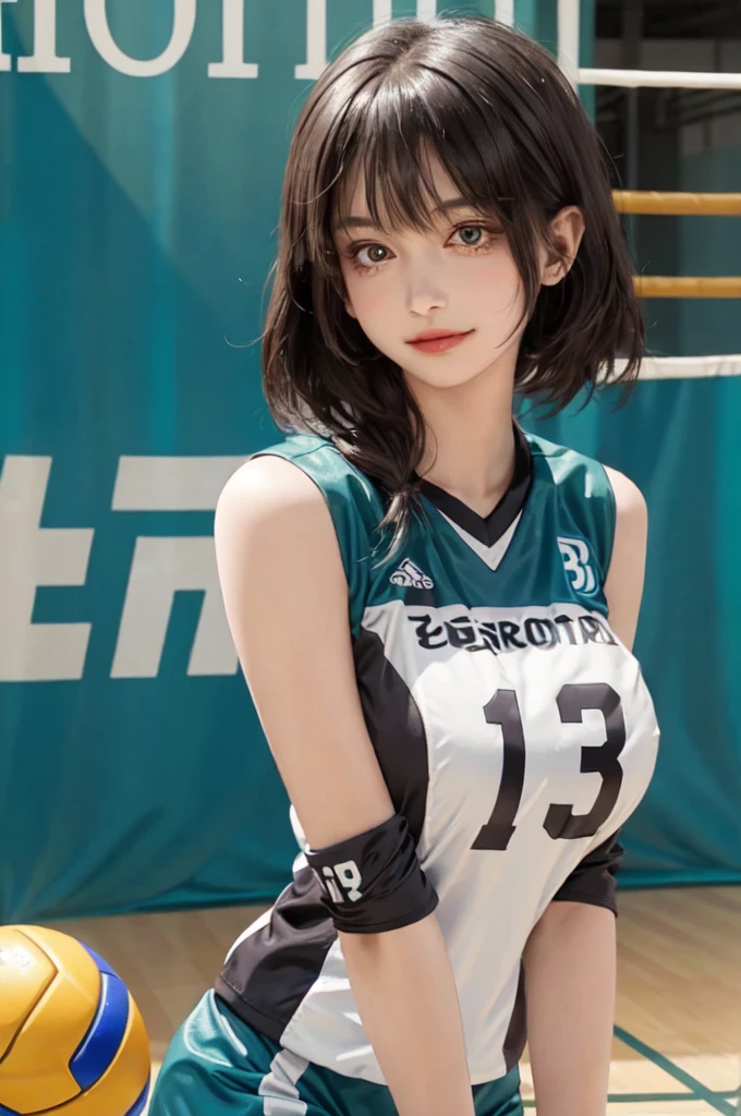 hyuuga hanabi, long hair tied low, hair band, hana purple eyes, ponytail, beautiful, beautiful woman, perfect body, perfect breasts, wearing a basketball jersey, on the basketball court, holding a basketball, basketball hoop, looking at the audience, little smile, realism, masterpiece, textured skin, super detail, high detail, high quality, best quality, 1080p, 16k