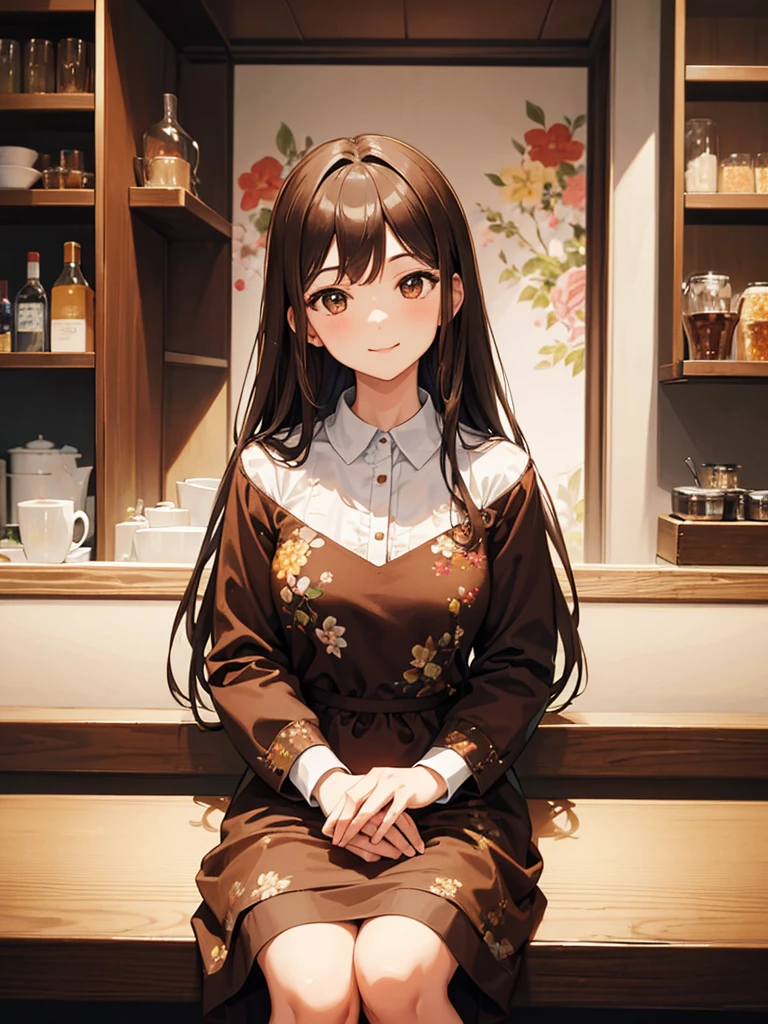 Masterpiece, high quality, A beautiful young woman, She is wearing a shirt brown dress with a floral pattern, smiling Kindly, slender, Sitting, Looking up at the camera, perfect face, perfect hands, the background is a bright cafe