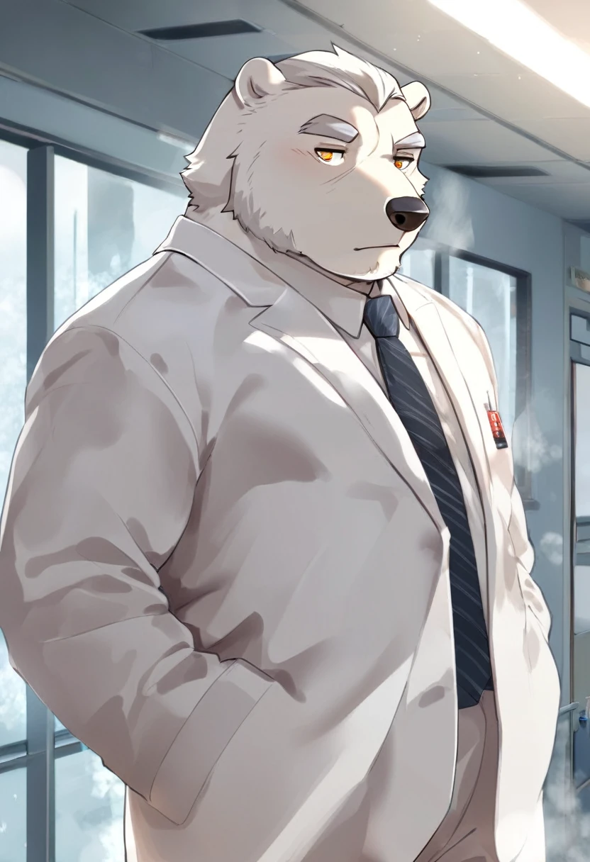 polar bear，personification，Mature male，Strong Man，White hair，naked，Cold expression，Golden pupils，Look ahead，Gray eyebrows，White suit suit，Hands in pockets，The Age of Steam，Hospital Office。