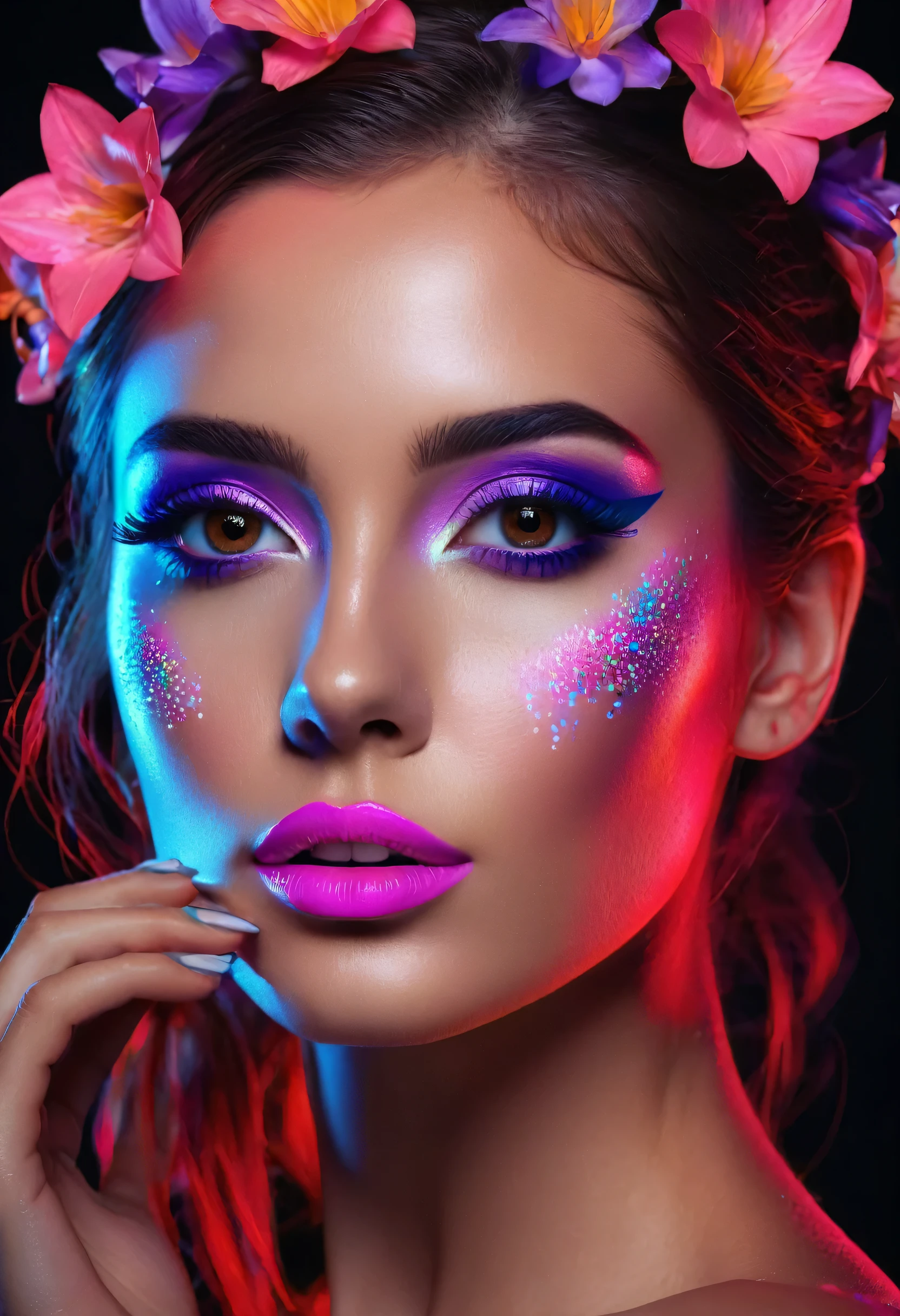 ((portrait of a girl in the dark, ultraviolet light on her)), (1girl: 1.3, 22 years), ((Glowing 3D objects interact with graphics,Super detailed illustrations)),photorealistic Realism 8K, 16K Quality, fashion supermodel, (Glamour, paparazzi taking pictures of her), (ultra absurd quality, extremely detailed detail, hyper resolution, clear sharp focus, not blurry, (perfect round, Realistic brown eyes:1.25)), (extremely beautiful face, beautiful lips), pink_makeup:1.2, blue_eyeliner, red_lipstick:1.2,(perfect dark_eyeshadows), (Detailed nose:1.2), Intricate detail face, best high quality real texture skin, (perfect composition), ((creative spring flowers uv portrait glowin neon body art painting:1.3)), ((fluorescent flower clusters printed on her skin: 1.38)), ((fluorescent paint whole body:1.35)), ((A model shows off glowing body paint covering her private parts in a vivid artistic display))),