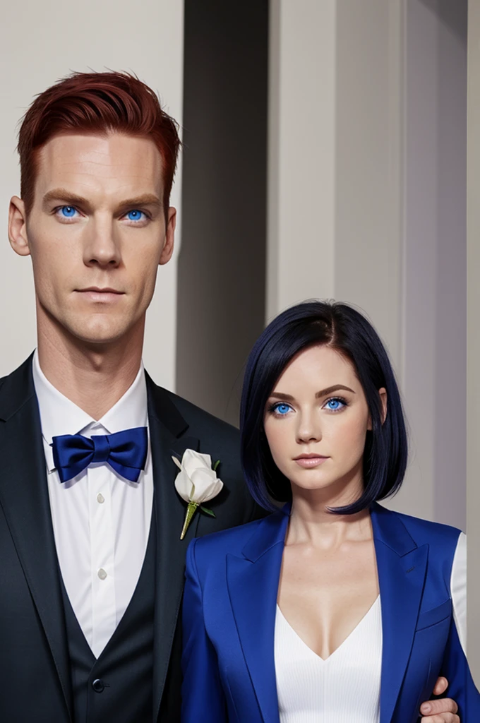 Short woman,white, Red hair,purple eyes,blue dress with a tall man, White, blue eyes, muscular,black hair and suit