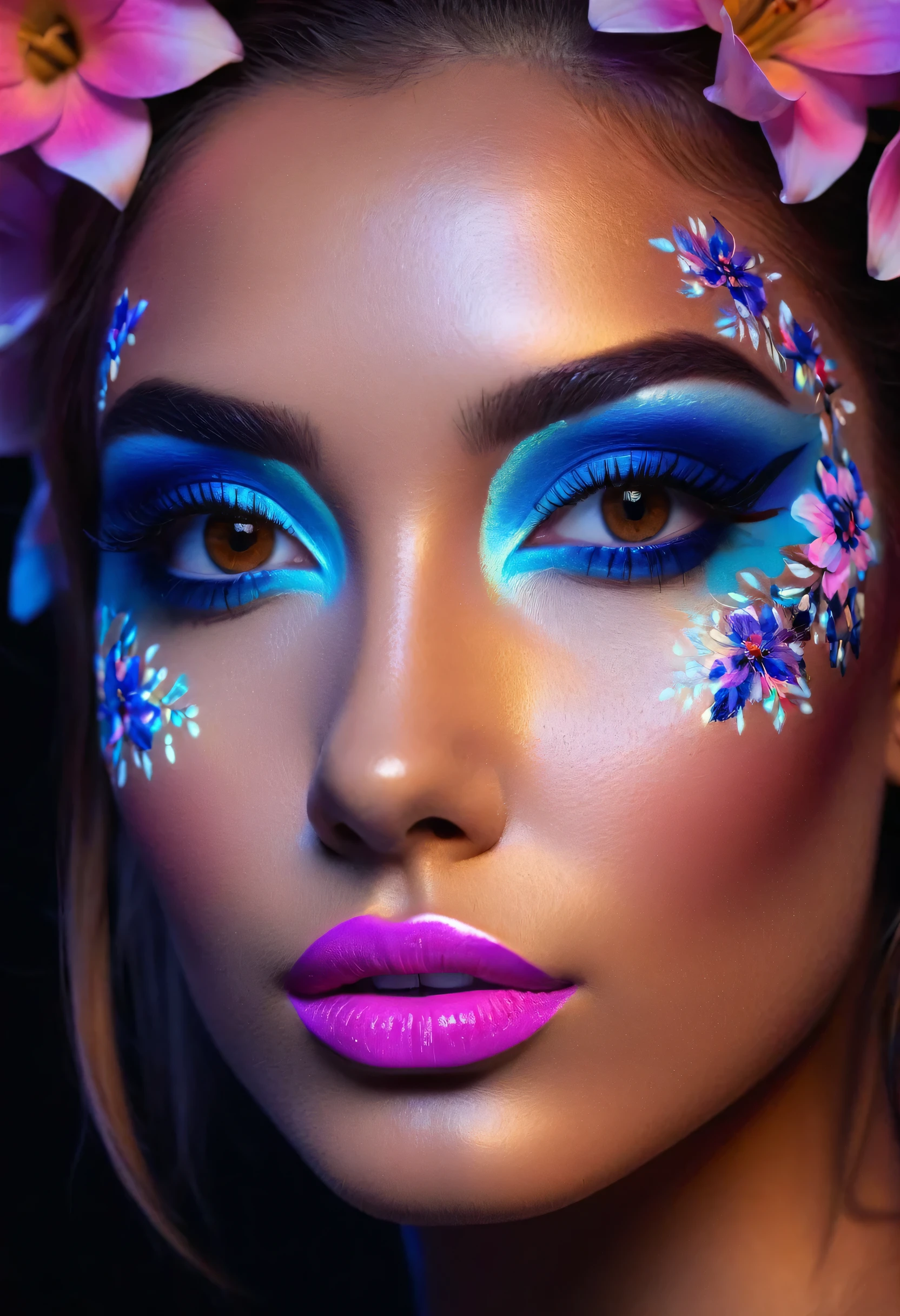 ((portrait of a girl in the dark, ultraviolet light on her)), (1girl: 1.3, 22 years), ((Glowing 3D objects interact with graphics，Super detailed illustrations))，photorealistic Realism 8K, 16K Quality, fashion supermodel, (Glamour, paparazzi taking pictures of her), (ultra absurd quality, extremely detailed detail, hyper resolution, clear sharp focus, not blurry, (perfect round, Realistic brown eyes:1.25)), (extremely beautiful face, beautiful lips), pink_makeup:1.2, blue_eyeliner, red_lipstick:1.2,(perfect dark_eyeshadows), (Detailed nose:1.2), Intricate detail face, best high quality real texture skin, (perfect composition), ((creative spring flowers uv portrait glowin neon body art painting:1.3)), ((fluorescent flower clusters printed on her skin: 1.38)), ((fluorescent paint whole body:1.35)), ((A model shows off glowing body paint covering her private parts in a vivid artistic display))), 