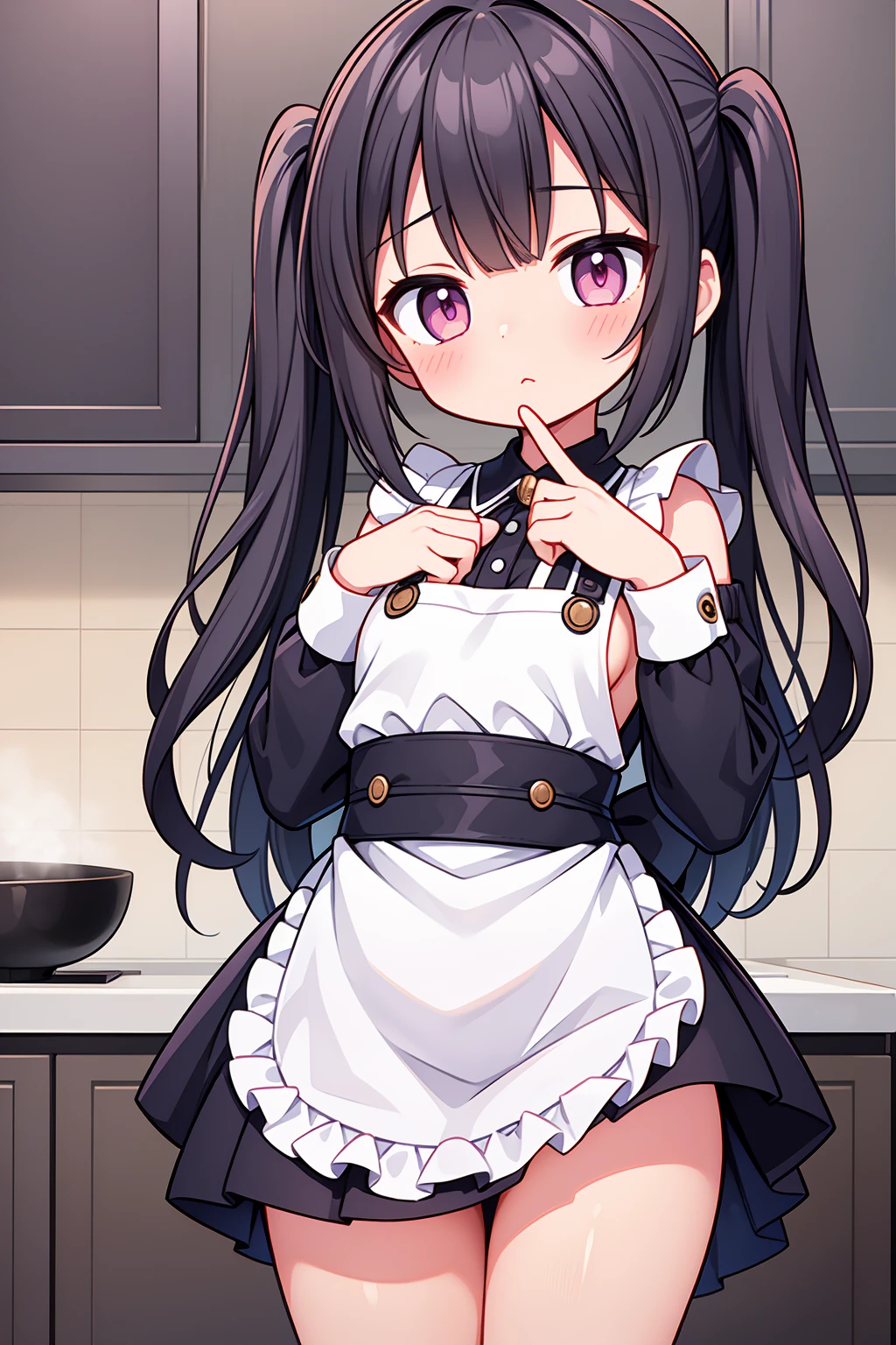 (8K, Highest image quality, highest quality, masterpiece), detailed face, (()), ((girl)), (little lolive) , black hair, short twintails, pink eyes, small breasts, naked apron, cowboy shot, put your hand on your mouth, kitchen background, ((very blushing)), ((detailed hands and fingers)), viewer perspective from below, (very blushing), apron only, (rest of the naked body)
