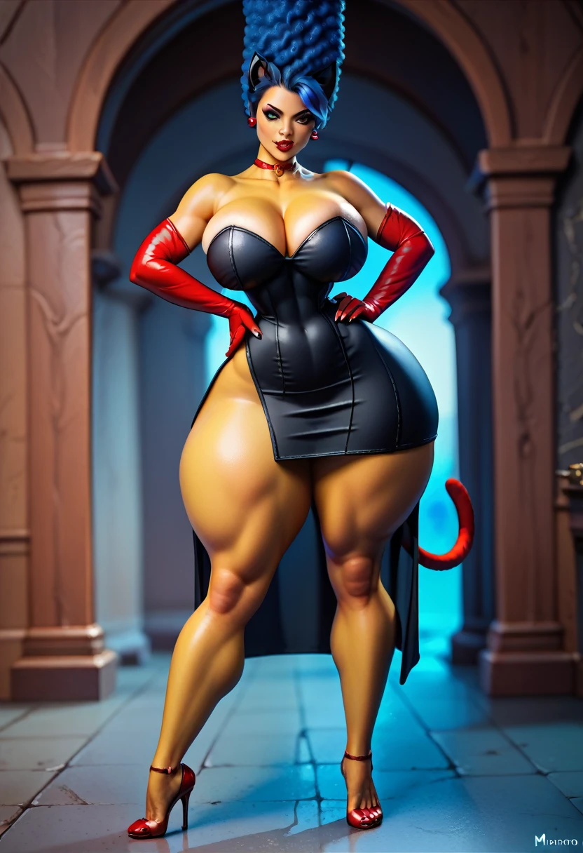 (marsim, yellow skin), solo, older female, ifbb, blue hair, beehive hair, afro, vampiress, catwoman, cat ears, cat tail, bat wings, dark-blue fur, thin body, skiiny, slim, small midsection, narrow waist, hyper thighs, big breasts, thick red lips, satin long black dress, red heels, elbow gloves, detailed face