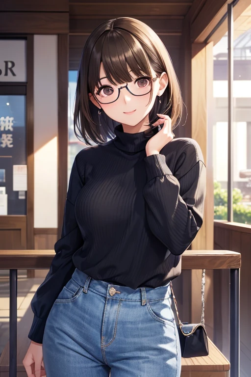 1 Girl, Mature Woman, anegasaki nene、Shiny brown hair, short hair, (Beautiful brown eyes)、smile、Sparkling eyes, (Fine grain)、Ultra-detailed eyes、非常にDetailed face, Highly detailed eyes,Cowboy Shot、、Casual clothing、Blue sweater、Long trousers、Smiling Kindly、Watching me at the mall, Wear a mask、Wear glasses、Highest quality, hire, Detailed face, Coastal、 Detailed Background, Written boundary depth, Bokeh