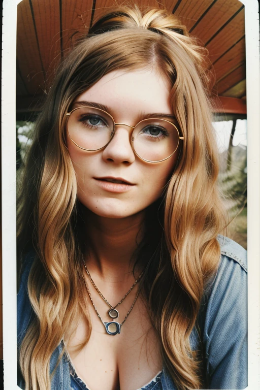 close-up polaroid of attractive woman, 20 years old, (hippie, stoner, 1970s, vintage), midriff, huge hips, long hair, blonde hair, curly hair, round glasses, necklace, metal bracelets, tattoos, beanie, cool gal pose, laid back personality, wooden house