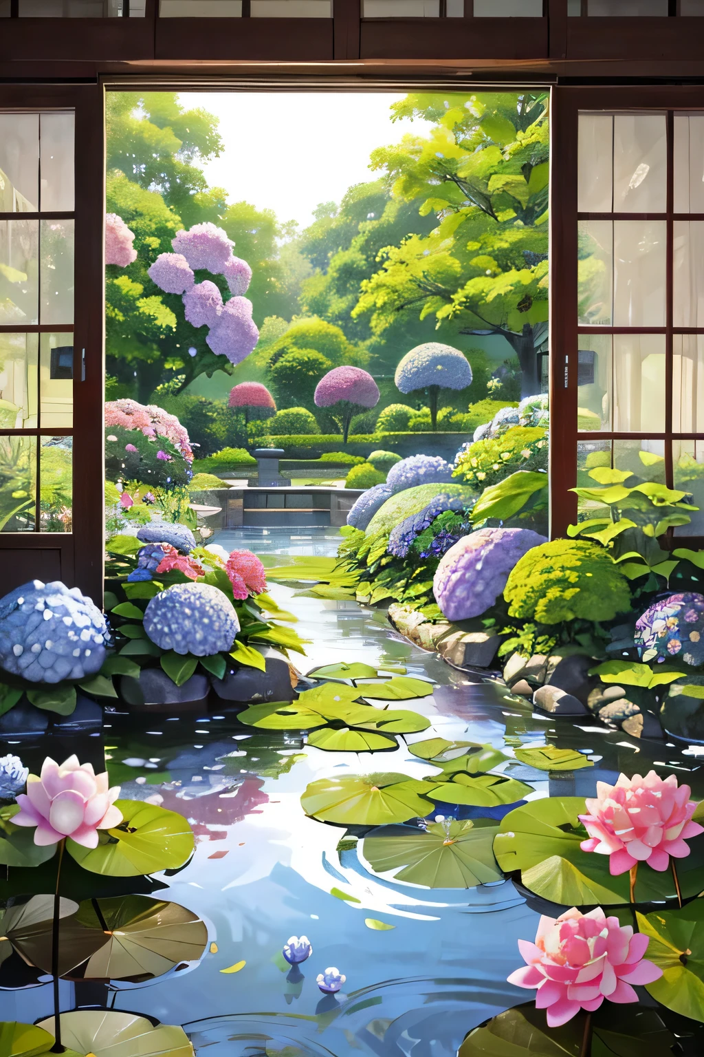 Looking out the window, it&#39;s raining heavily。
Hydrangeas are blooming in the garden。
Lotus flowers floating in a small pond。