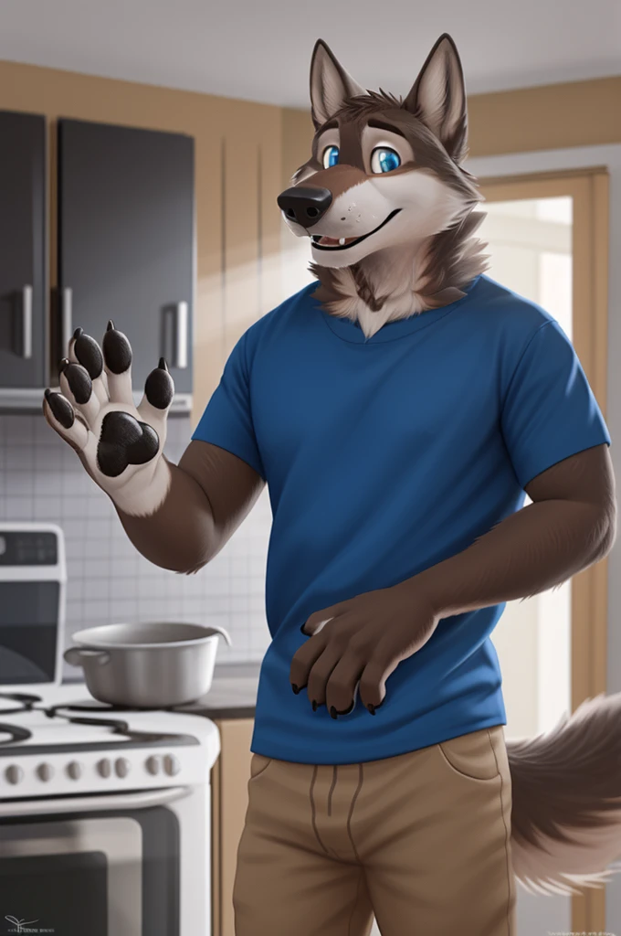 Larry (Zveropolis), wolf, Gray Fur, (brown body:1.3), Blue eyes, Zveropolis, dressed, t-shirt, pants,кухня treats ,canine, wolf, detailed fur, male, antro, paw pads, finger claws, waving, waving at viewer, 5 fingers, paws, 4 toes,
BREAK from nextel, for dating, by xenoforge, (difficult, high detail, film photography, soft focus, RAW explicit cinema,cooks at home, apartment,treats, 
Photorealism, realistic, photorealistic, digital style, Subsurface scattering,
masterpiece, Best quality, ultra realistic, 8 k)