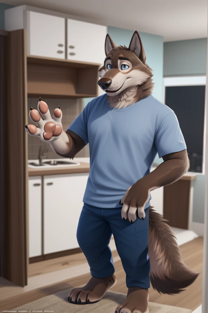 Larry (Zveropolis), wolf, Gray Fur, (brown body:1.3), beautiful blue eyes, Zveropolis, dressed, t-shirt,trousers,apron, canine,wolf, detailed fur, male, second, paw pads, finger claws, viewer, 5 fingers, paws, 4 toes,holds, times, close to the camera, 
BREAK from nextel, for dating, by xenoforge, (difficult, high detail,digital photography, soft focus, RAW, close to the camera, smile, positive, Good, mood, Houses, смотрит на viewer, очень close to the camera, in the shop, buys layouts, 
Photorealism, realistic, photorealistic,digital style, Subsurface scattering,очень close to the camera кольцо на пальце руки,
masterpiece, Best quality, ultra realistic, 8 thousand.)