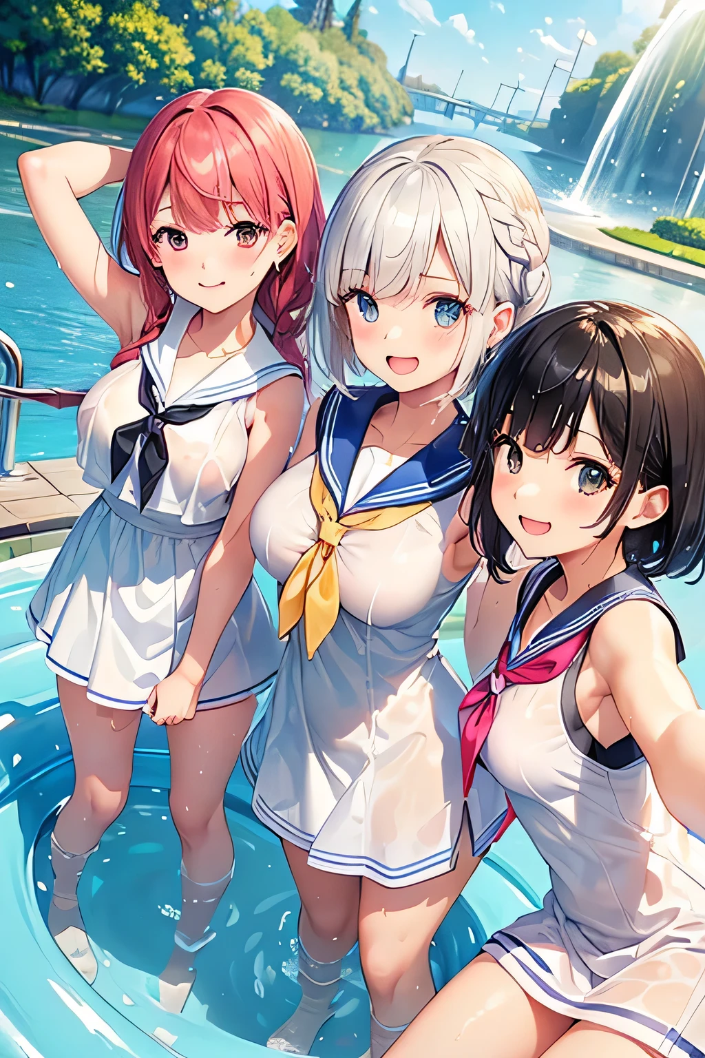 highest quality、High resolution、detailed background、Beautiful and dense face、beautiful and smooth skin、skin texture、black hair braid twintails、(huge breasts:1.3)、(realistic:1.2)、perfect body line、(3人のcute女の子:1.5)、White floral embroidered panties、No bra、
((シースルー素材のcuteカラーのノースリーブセーラーワンピース:1.5))、white sailor collar、white knee high socks、white overknee socks、
(Three people having fun at a water play spot:1.2)、Laugh playfully、smile、sexual expression、emphasize the chest、emphasize cleavage、underboob、panty shot、My clothes are wet and transparent、
Puff out your cheeks to express shyness or cuteness、
Wrap your hair around your fingers、Put your hair back behind your ears、Express your happiness and excitement by making small jumps。、
express energy and activity、
Put your hand over your mouth to express surprise or embarrassment、
A cute gesture that can bring out your cuteness and modesty.、Bow or wave?、cute