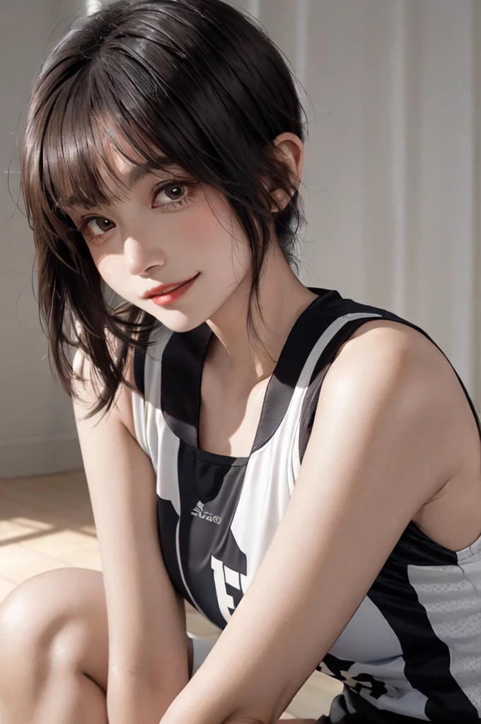 masterpiece, best quality, extremely delicate and beautiful, ultra-detailed, high-resolution, 20 years old, detailed beautiful face, tearful mole, earring, very huge round breasts, short medium hair, wavy hair, wet clothes, full body shot, alone, volleyball Jersey,