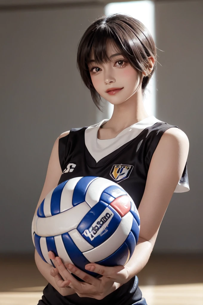 1lady solo, /(volleyball uniform/), /(dark brown hair/) bangs, blush light smile, (masterpiece best quality:1.2) delicate illustration ultra-detailed, large breasts BREAK /(volleyball court indoors/)