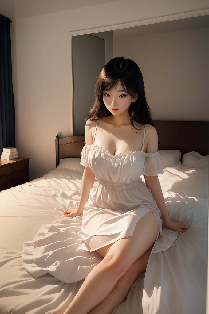 there is a woman Sitting on the bed taking a picture of herself, Posing in the bedroom, Sitting on her bed, Beautiful young Korean woman, Fascinating and alluring, Sitting on the bed, korean girl, Light milky white porcelain skin, Sexy dress, 27 years old, Sitting on the bed, Looking ahead seductively, Fair, smooth and translucent skin