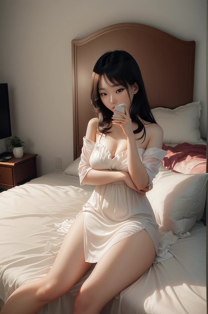 there is a woman Sitting on the bed taking a picture of herself, Posing in the bedroom, Sitting on her bed, Beautiful young Korean woman, Fascinating and alluring, Sitting on the bed, korean girl, Light milky white porcelain skin,  dress, 27 years old, Sitting on the bed, Looking ahead seductively, Fair, smooth and translucent skin