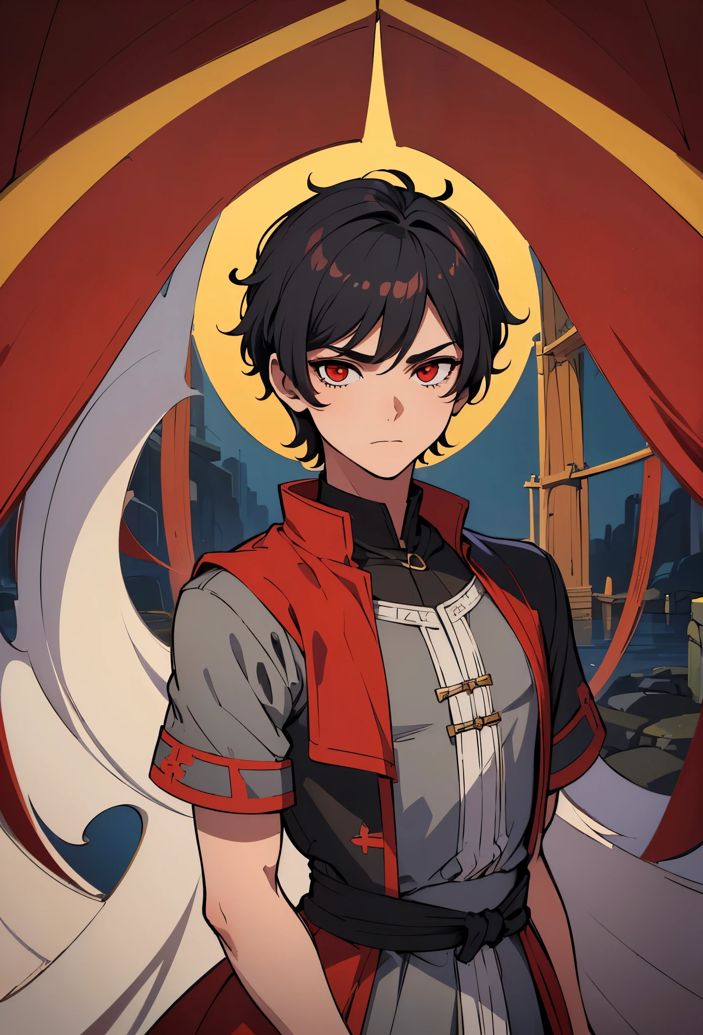 (Obra-prima, melhor qualidade: 1.2) alone, 1boy, masculino, black short hair , red eyes , medieval clothes , looking at the viewer