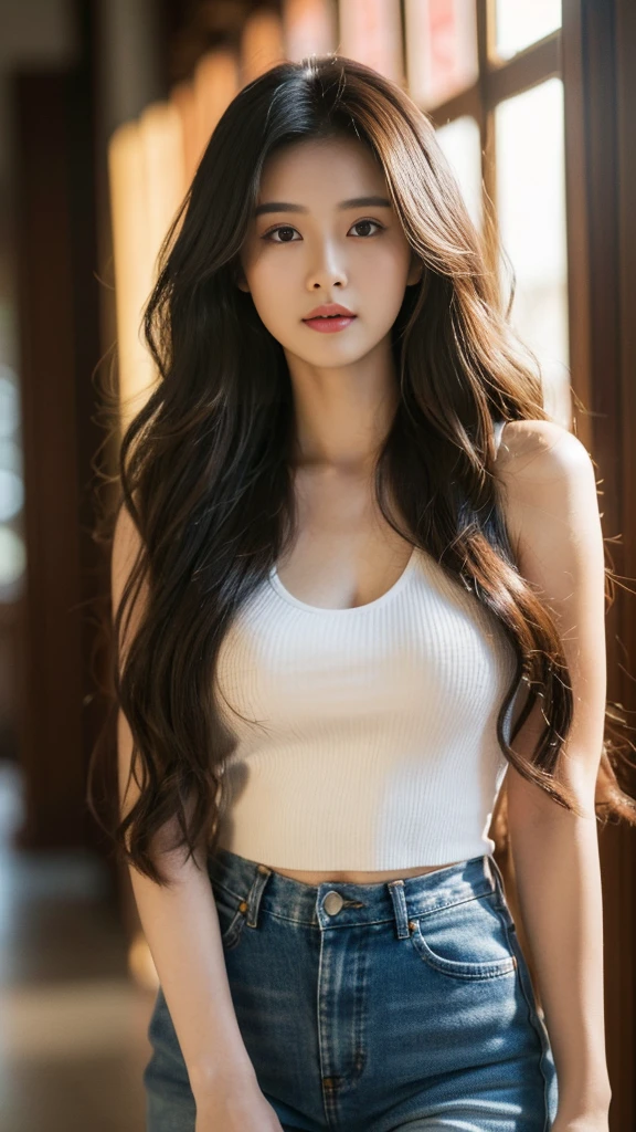 ((Big chest, long hair, small head)), daylight, sunlight, (well-defined abs: 1.1), (perfect body: 1.1), (long wavy hair: 1.2), russet hair, collar, chain, full body photo, shabby street, wearing a black tank top, denim jacket, ((shorttremely detailed CG 8k wallpaper), (extremely delicate and beautiful), (masterpiece), (Best Quality: 1.0), (Ultra Resolution: 1.0), Beautiful Lighting, Perfect Lightning, Realistic Shadows, [High Resolution], Detailed Skins, Ultra Detailed, 25 years old, Malaysian-Chinese muxture race.  Big wavy hair, dark color hair, 