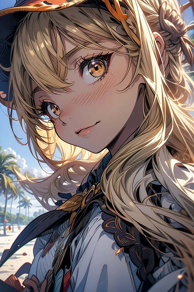 masterpiece, rich colors, Best quality, detailed, high resolution, Hyper quality, high detail, , high quality, detailing, skinny sexy girl on the beach , bright lighting , Brown eyes, Anime, palm trees, bright lighting, blonde,