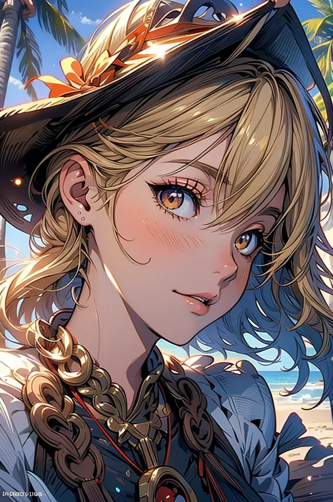 masterpiece, rich colors, Best quality, detailed, high resolution, Hyper quality, high detail, , high quality, detailing, skinny sexy girl on the beach , bright lighting , Brown eyes, Anime, palm trees, bright lighting, blonde,