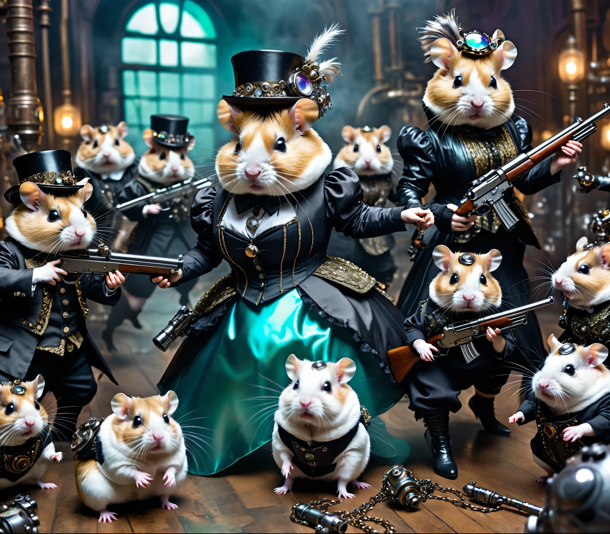 Opalescent iridescent fighting california hamsters,  dressed in fashion clothes in Edwardian style, surrounding a midget cyborg boss lady with assault riffle, cybergoth environment. 