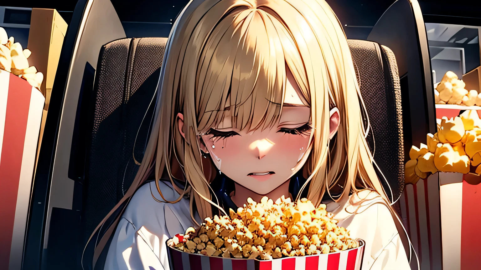 ((Highest quality)), ((masterpiece)), (detailed), One girl, movie theatre、Tears、Close ~ eyes、blonde、Smooth Hair、Popcorn、