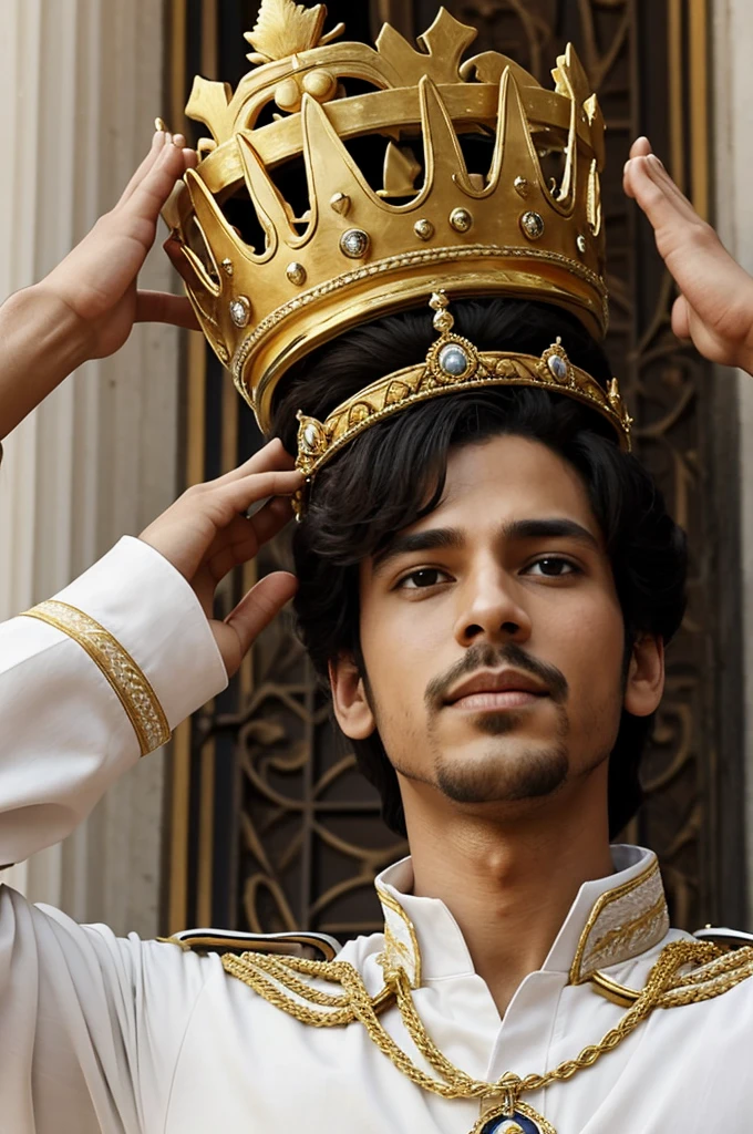 A prince with a golden crown on his head is his white garment. Raising your hands to the sky in cry. bye