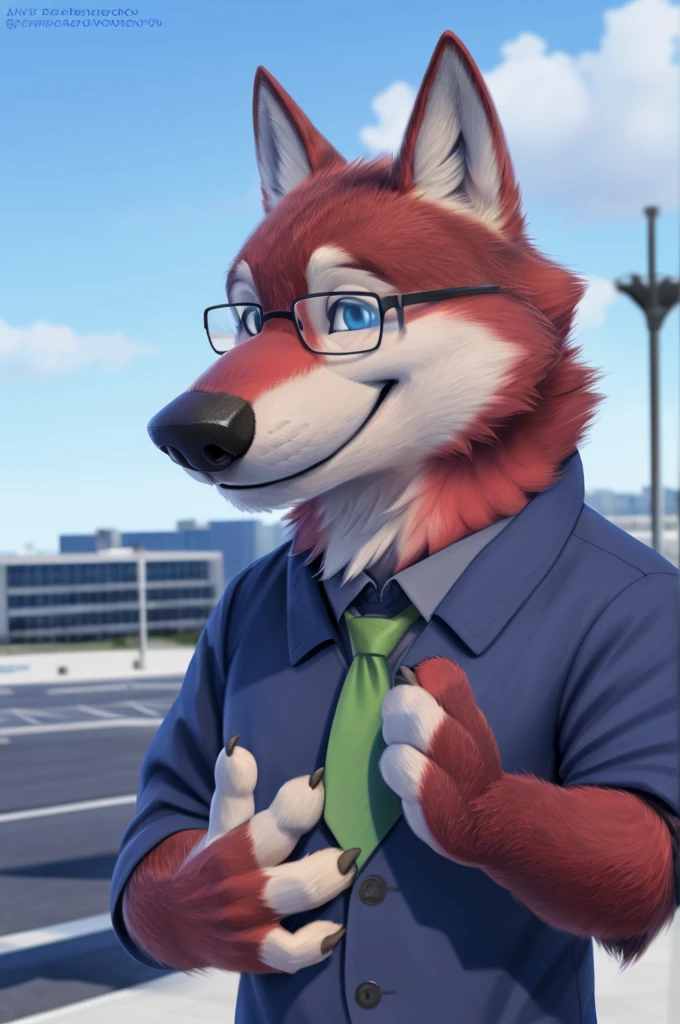 Painted portrait of the face of a cute and serious adult quadruped pony, he wears military uniform and a happy expression on his face, he has a short white beard, black glasses and white hair, his fur is red.