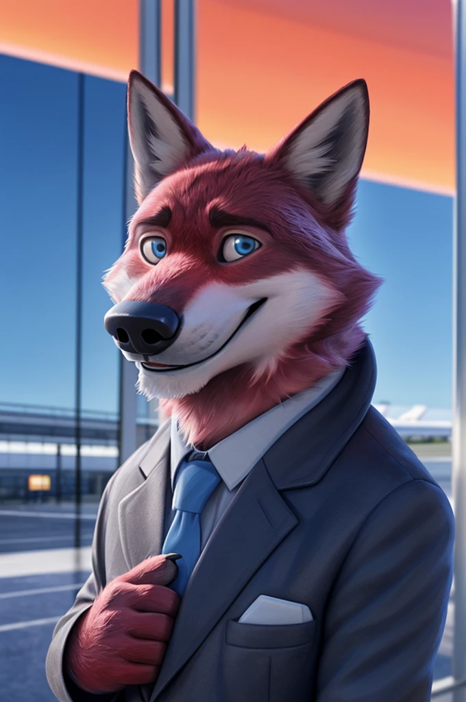 Ivan Wolfbach (Аэропорт Domodedovo),high,Beautiful,slim,24 years,wolf, red fur,high Beautiful wolf, 24 years,(red body:1.3),beautiful blue eyes,Domodedovo, Russia, Аэропорт Domodedovo,gray shirt, Green tie, trousers,canine, wolf, detailed fur, male, antro, paw pads, finger claws, at viewer, 5 fingers, paws, 5 fingers,day,digital photography, soft focus,good mood на стойке регистрации,,photorealism, realistic, photorealistic,digital style,from close walks around the city, Very close to the camera, digital photography, smile positive, good,mood,green tie, At the airport, glasses have trouble seeing,
masterpiece, Best quality, ultra realistic, 8 k)