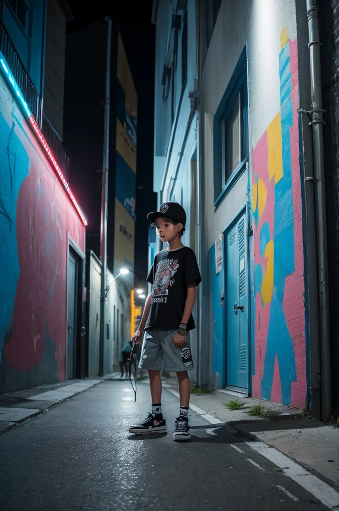 Boy dressed in skater style, painting a wall at night in the city