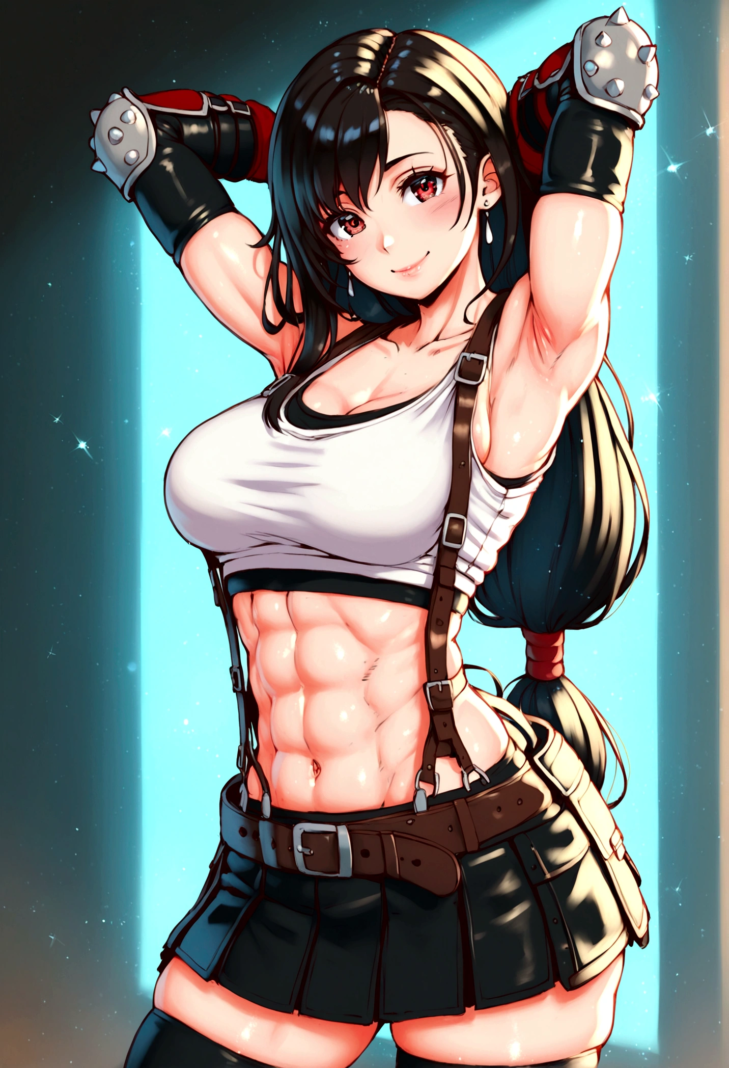 score_9, score_8_up, score_7_up,score_6, score_5,8k,rating_safe BREAK , (from front.from front,face focus,standing,straight-on,(arms up,arms behind head.),,(upperbody),looking_at_viewer ,1girl, tifa lockhart, final fantasy, tareme,black hair, low-tied long hair, red eyes, bangs, (white tank top, belt, pleated skirt, thighhighs, elbow fingerless gloves, elbow pads, midriff, navel,suspender skirt) ,large_breasts,(light smile),,,Solo,,(daytime and beachside and city),(best quality),(aesthetic,very aesthetic),UHD,HDR,,photorealistic,highly detailed,sharp focus,depth of field,,professional lighting,cinematic lighting,