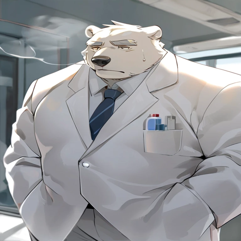 polar bear,personification,Mature male,Strong Man,White hair,naked,Cold expression,Golden pupils,Look ahead,Gray eyebrows,White suit suit,Hands in pockets,The Age of Steam,Hospital Office。