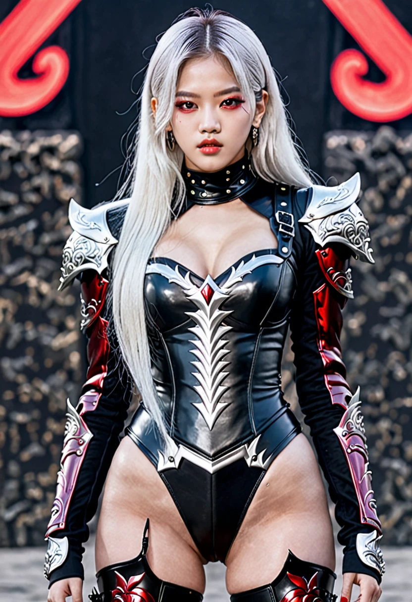 Jennie blackpink with white hair and red eyes, black armor with red full body
