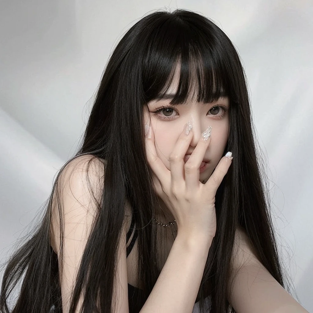 Korean girl with long black hair, straight and with bangs. She has a hand on her face, ulzzang girl with gothic style and smooth face, she has black hair with bangs pale skin