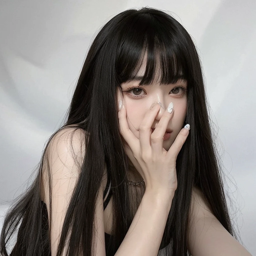 Korean girl with long black hair, straight and with bangs. She has a hand on her face, ulzzang girl with gothic style and smooth face, she has black hair with bangs pale skin