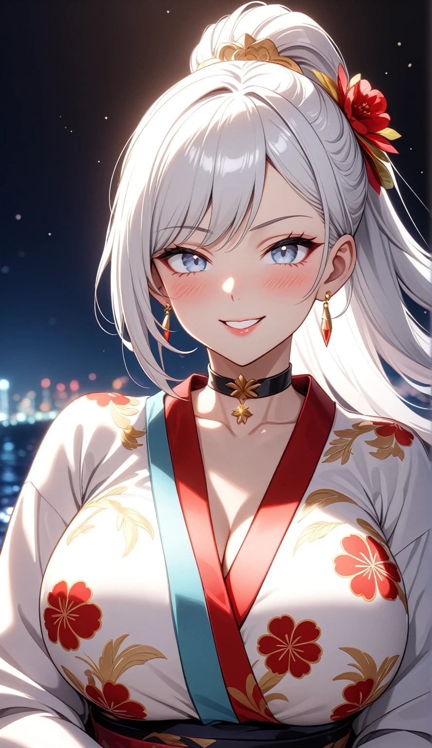 ((One personの女性)), Beautiful Face, (Laughing embarrassedly), (naughty face), ((Wink:1.8)), Laugh with your mouth wide open,((Bright red cheeks:1.4)),Shiny red lips, night,横浜のnight景,You can see the ocean, firework,,Glossy pink lips,Facial lighting,((Anime style background)),masterpiece, Highest quality, so beautiful,up to date, Complex details, (Pink long nails), (ring),(bracelet),(choker),AI-generated, Complex,High resolution, Highest quality, super high quality,3D Images、3D Images,One person,Long white hair,High Ponytail,(blue eyes),Anime woman posing for a photo, ((Fine grain、Silvery white colorful eyes、Shining Eyes:1.3)),(Squint your eyes:1.1),a hyperRealistic , hyperRealistic , Realistic,Anime woman with long white hair, Smooth anime CG art, A woman in a colorful kimono with gold embroidery, (Black long sleeve kimono),Red floral pattern,Long flower hair ornament,Earrings,Mature Body,(Big Breasts:1.1),Tall,Abdominal muscles,Narrow waist,(Zoom up to face), ((front view)),((Clasp your arms in front of you)),