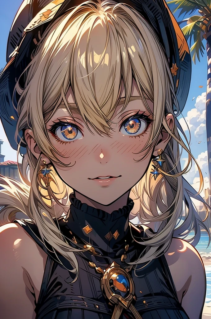 masterpiece, rich colors, Best quality, detailed, high resolution, Hyper quality, high detail, , high quality, detailing, skinny sexy girl on the beach , bright lighting , Brown eyes, Anime, palm trees, bright lighting, blonde,