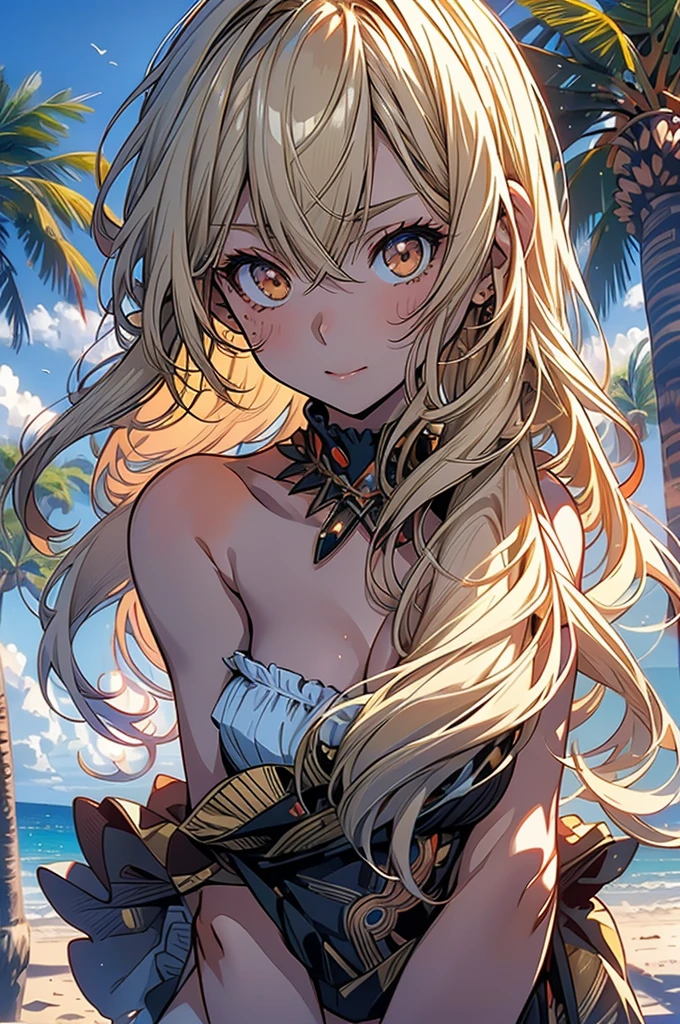 masterpiece, rich colors, Best quality, detailed, high resolution, Hyper quality, high detail, , high quality, detailing, skinny sexy girl on the beach , bright lighting , Brown eyes, Anime, palm trees, bright lighting, blonde,