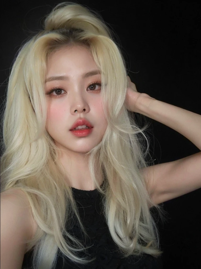 Jennie kim, blond hair, messy and wavy, full lips, doll lips, large eyes.