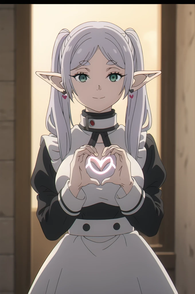 masterpiece, best quality, (illustration), solo, Frieren, pointy ears, twintails, green eyes, elf, long hair, white hair, thick eyebrows, parted bangs, maid breasts, maid outfit, standing, upper body, smile, (looking at viewer), (close_up:0.85), (heart hands:1.3), 
