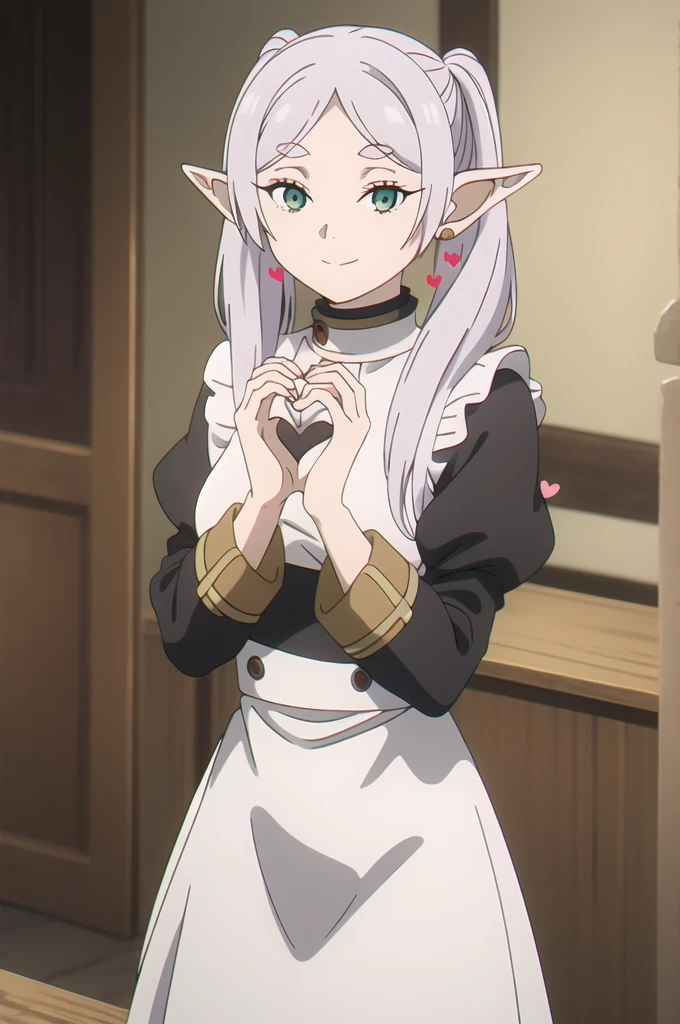 masterpiece, best quality, (illustration), solo, Frieren, pointy ears, twintails, green eyes, elf, long hair, white hair, thick eyebrows, parted bangs, maid breasts, maid outfit, standing, upper body, smile, (looking at viewer), (close_up:0.85), (heart hands:1.3), 