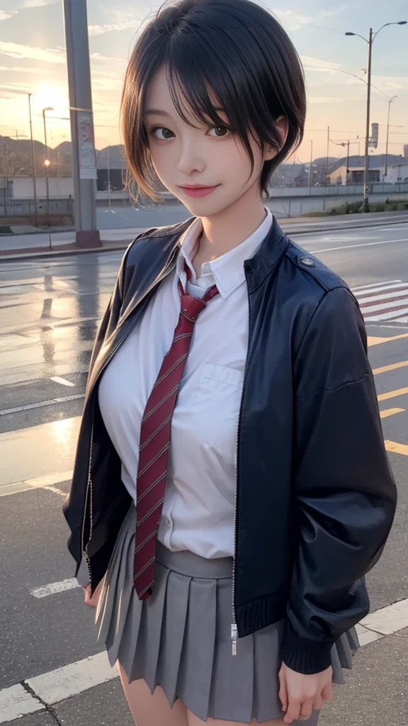 (masterpiece:1.2, top-quality), (realistic, photorealistic:1.4), beautiful illustration, (natural side lighting, movie lighting), nsfw, 
looking at viewer, cowboy shot, front view:0.6, 1 girl, japanese, high school girl, perfect face, cute and symmetrical face, shiny skin, 
(short hair:1.5, pixie cut:1.4, blond hair), bangs pinned back, red eyes, long eye lasher, (large breasts:0.6, thick thighs), 
beautiful hair, beautiful face, beautiful detailed eyes, beautiful clavicle, beautiful body, beautiful chest, beautiful thigh, beautiful legs, beautiful fingers, 
(((navy jacket), white collared shirts, grey pleated mini skirt, navy socks, brown loafer, red tie)), 
(beautiful scenery), evening, riverside, standing, wave hands, (half-closed eye, lovely smile, upper eyes), 