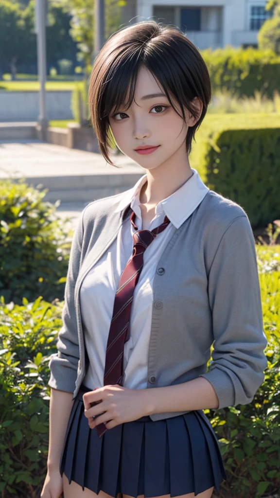 (masterpiece:1.2, top-quality), (realistic, photorealistic:1.4), beautiful illustration, (natural side lighting, movie lighting), nsfw,
looking at viewer, cowboy shot, front view:0.6, 1 girl, japanese, high school girl, perfect face, cute and symmetrical face, shiny skin,
(short hair:1.5, pixie cut:1.4, blond hair), bangs pinned back, red eyes, long eye lasher, (large breasts:0.6, thick thighs),
beautiful hair, beautiful face, beautiful detailed eyes, beautiful clavicle, beautiful body, beautiful chest, beautiful thigh, beautiful legs, beautiful fingers,
(((navy jacket), white collared shirts, grey pleated mini skirt, navy socks, brown loafer, red tie)),
(beautiful scenery), evening, riverside, standing, wave hands, (half-closed eye, lovely smile, upper eyes),