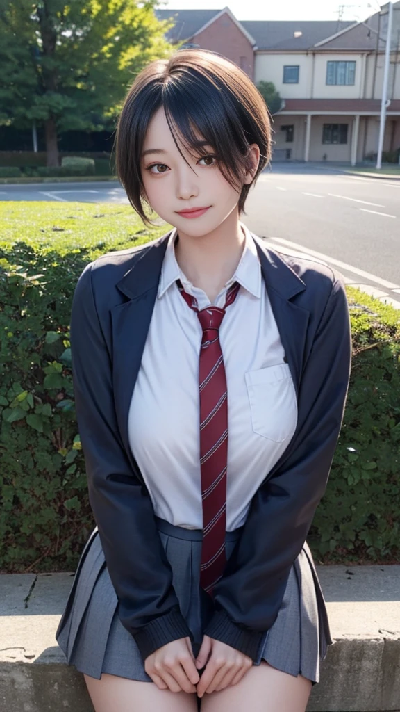 (masterpiece:1.2, top-quality), (realistic, photorealistic:1.4), beautiful illustration, (natural side lighting, movie lighting), nsfw,
looking at viewer, cowboy shot, front view:0.6, 1 girl, japanese, high school girl, perfect face, cute and symmetrical face, shiny skin,
(short hair:1.5, pixie cut:1.4, blond hair), bangs pinned back, red eyes, long eye lasher, (large breasts:0.6, thick thighs),
beautiful hair, beautiful face, beautiful detailed eyes, beautiful clavicle, beautiful body, beautiful chest, beautiful thigh, beautiful legs, beautiful fingers,
(((navy jacket), white collared shirts, grey pleated mini skirt, navy socks, brown loafer, red tie)),
(beautiful scenery), evening, riverside, standing, wave hands, (half-closed eye, lovely smile, upper eyes),