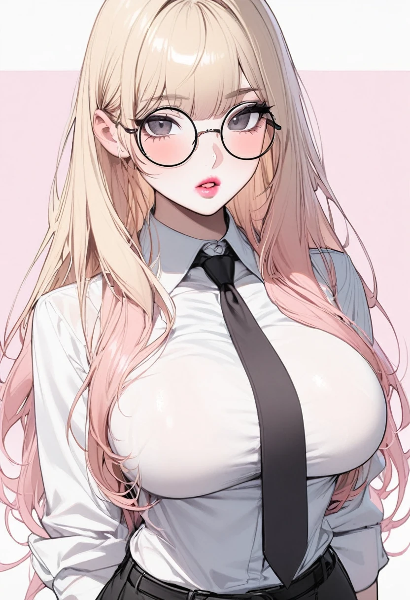 1 girl, solo, light blonde hair, black eyes, white shirt, pastel colors, big breast, lipgloss, big round glasses, korean, straight bangs, pink cheeks, sexy, professional, smart, black tie, elegant, hot