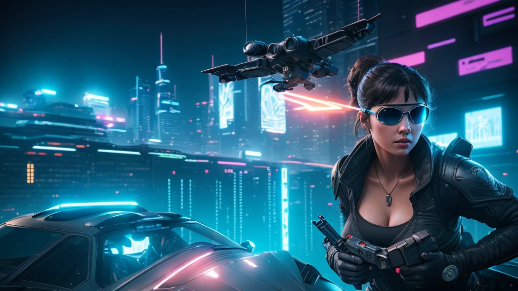 masterpiece, 8k, A fusion of cyberpunk and fantasy, simple outlined neon city, sentry, helicopter, lightning. At night, (1girl, solo, alone), photorealistic, medium-breast slim:0.6 body, oval:0.5 face, cleavage:1.1, sexy black laced bra, glove, deep-V, (very low angle view of miniskirt), white laced panty, coat, (Matrix style black micro sunglasses), ((aiming viewer with a short gun)), (running pose), (half-body thigh level close-up shot), cinematic lighting, ray tracing.