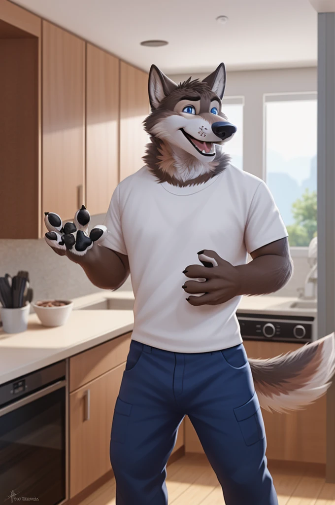 Larry (Zveropolis), wolf, Gray Fur, (brown body:1.3), beautiful blue eyes, Zveropolis, dressed, t-shirt, pants,кухня treats ,canine, wolf, detailed fur, male, antro, paw pads, finger claws, готовит at viewer, 5 fingers, paws, 4 toes,
BREAK from nextel, for dating, by xenoforge, (difficult, high detail, film photography, soft focus, RAW explicit cinema,cooks at home, apartment,treats, open mouth laughter teeth photorealism, realistic, photorealistic, digital style, Subsurface scattering,
masterpiece, Best quality, ultra realistic, 8 k)