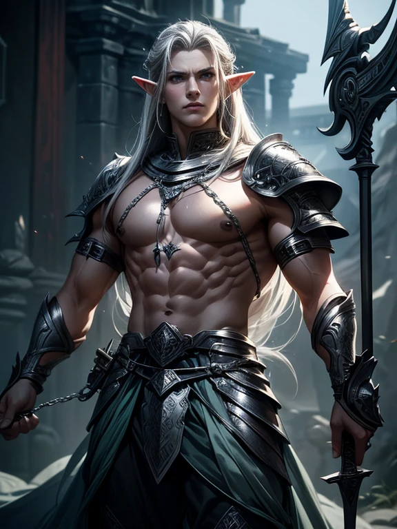 Top quality, Photorealistic, 8K, High Definition, absurd res, high res, ultra sharp, masterpiece, (masterpiece), best quality, expressive eyes, perfect face, Super eyes, masterpiece, highly detailed exquisite character art, epic fantasy digital art style, detailed digital 2d fantasy art, ultra-realistic, evil deep elf, muscular barbarian drow, muscular male, animals, short silvery hair, male pecs, male butt, dark skin, red eyes, elf ears, god rays,