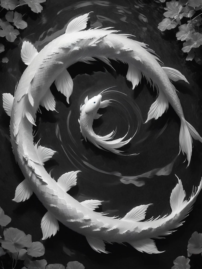 stunning black and white graphite sketch of Koi fish forming the yin/yang symbol in a pond, panoramic shot, from The Lord Of The Rings trilogy, in dynamic pose, by Anna Razumovskay, (by Alyssa Monks:1.1), by Joseph Lorusso, by Lilia Alvarado, beautiful lighting, sharp focus, 8k, high res, (pores:0.1), (sweaty:0.8), Masterpiece, Nikon Z9, Award - winning photograph, --ar 16:9 --style raw --stylize 750 --niji 6, perfect composition, beautiful detailed intricate insanely de
