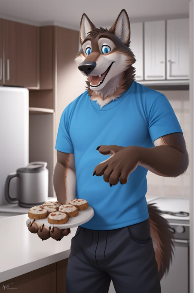 Larry (Zveropolis), wolf, Gray Fur, (brown body:1.3), beautiful blue eyes, Zveropolis, dressed, t-shirt, pants,кухня treats ,canine, wolf, detailed fur, male, antro, paw pads, finger claws, готовит at viewer, 5 fingers, paws, 4 toes,
BREAK from nextel, for dating, by xenoforge, (difficult, high detail, film photography, soft focus, RAW explicit cinema,cooks at home, apartment,treats, open mouth laughter teeth photorealism, realistic, photorealistic, digital style, Subsurface scattering,very close to the camera,
masterpiece, Best quality, ultra realistic, 8 k)